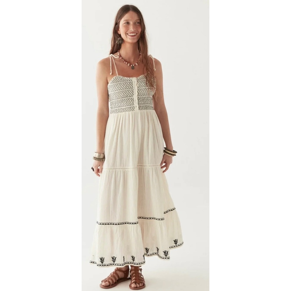 Maison Hotel Daphne Maxi Dress XS Blue Lagoon Embroidered Smocked Boho Cottage